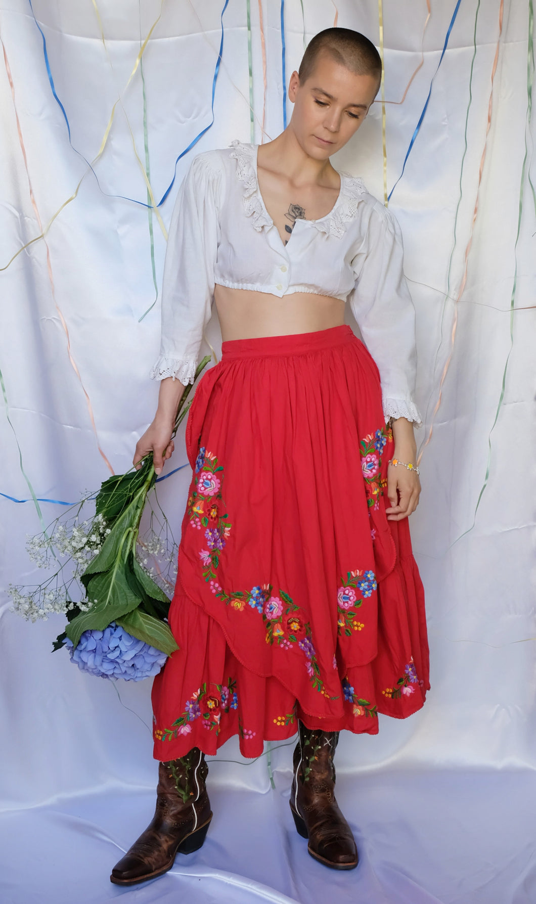 Red Embroidered Folk Skirt - UK8/10