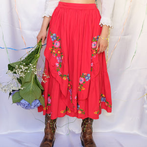 Red Embroidered Folk Skirt - UK8/10