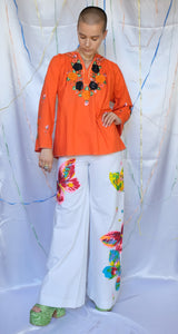 Orange Floral Embroidered Top - UK10-14