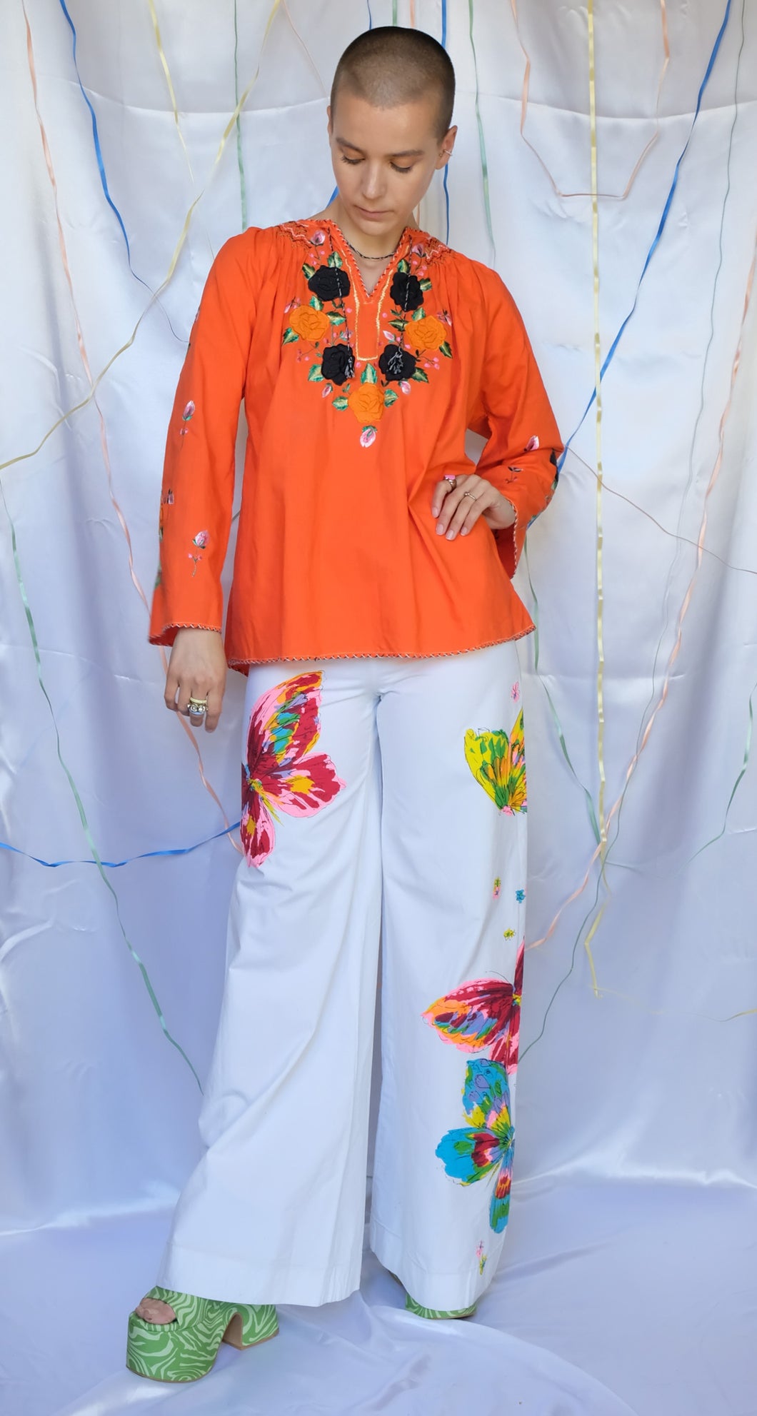 Orange Floral Embroidered Top - UK10-14