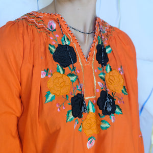 Orange Floral Embroidered Top - UK10-14